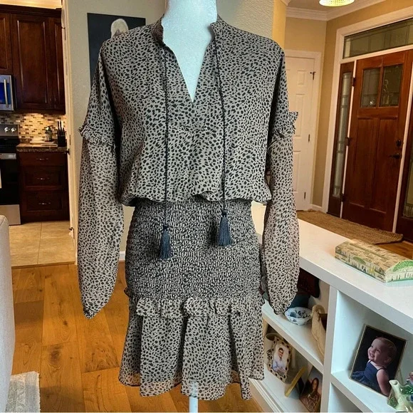 Aqua Printed Ruffle Mini Dress Brown Leopard Print Bloomingdale’s Size S - Picture 8 of 16